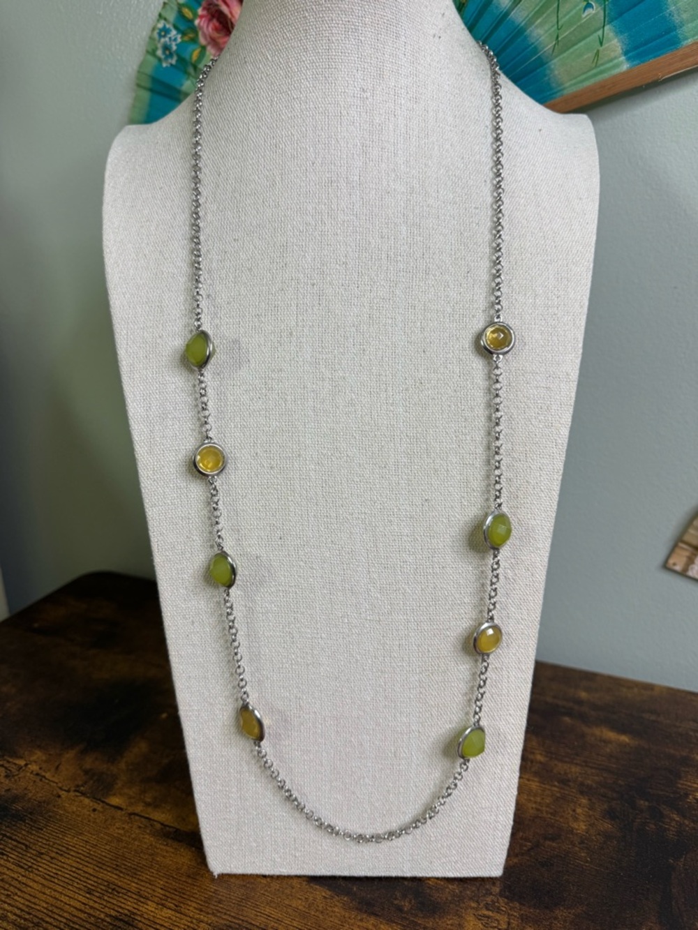 LOFT Long Silver Chain Necklace with Green and Yellow Stone Accents